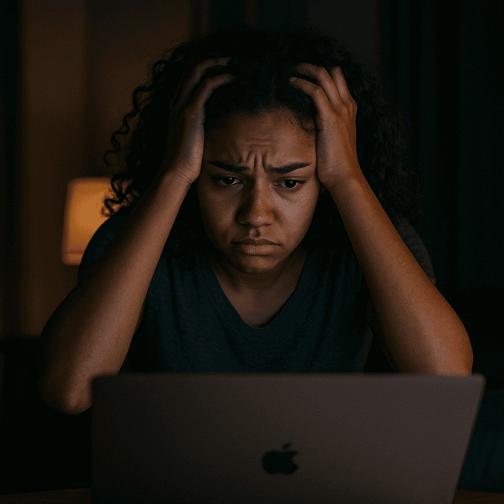Frustrated creator at her laptop